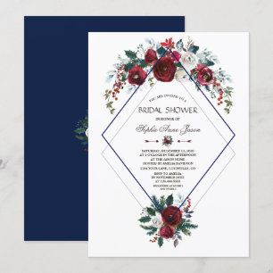 Invitation Charm Burgundy Floral Navy Fête des mariées bleue