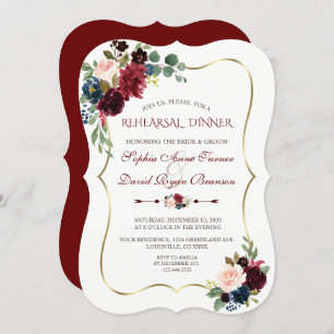 Invitation Charm Burgundy Navy Blue Floral Rehearer Dîner