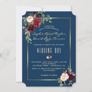 Invitation Charm Burgundy Navy Floral Golden Frame Mariage