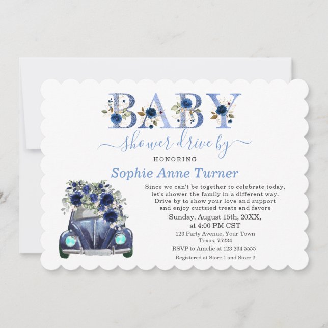 Invitation Charm Car Blue Floral Boy Baby shower Drive By (Devant)