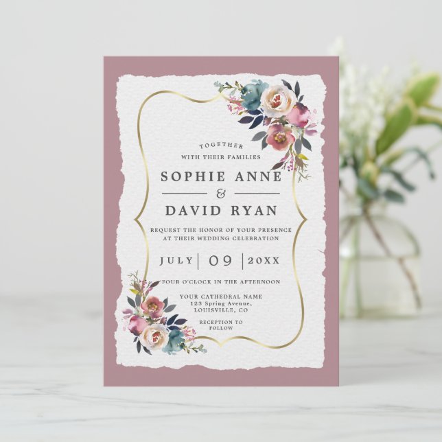 Invitation Charm Dusty Blue Flowers Misty Rose Gold Mariage (Debout devant)