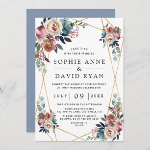 Invitation Charm Dusty Blue Misty Rose Floral Gold Mariage