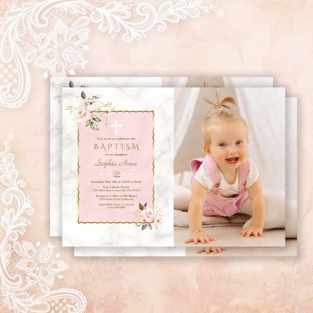 Invitation Charm Fleurs Roses Gold Girl Photo Baptême (Créateur téléchargé)