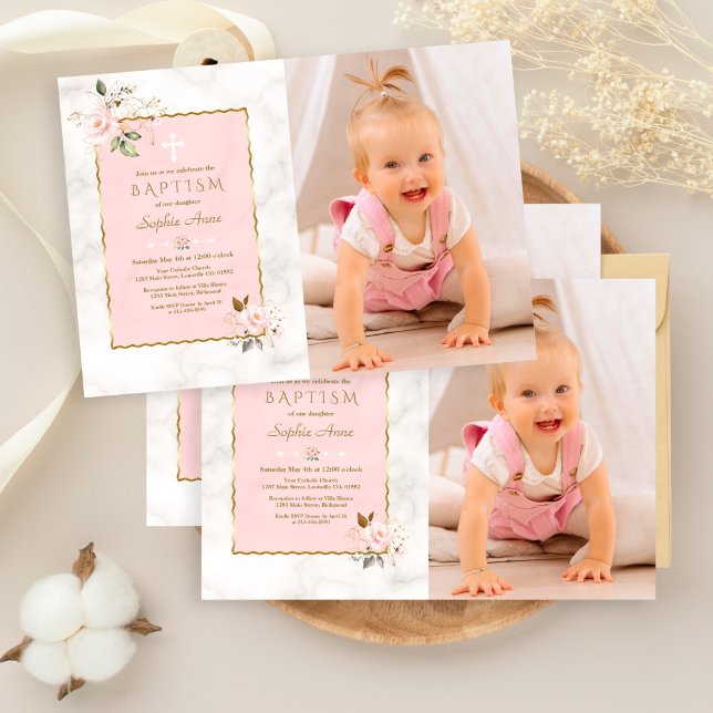 Invitation Charm Fleurs Roses Gold Girl Photo Baptême (Créateur téléchargé)