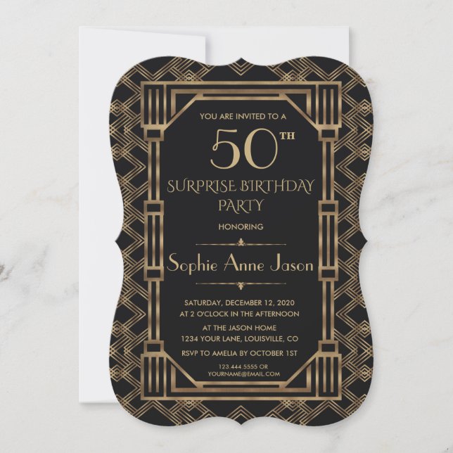Invitation Charm Gold Black Great Gatsby 50e fête d'anniversa (Devant)
