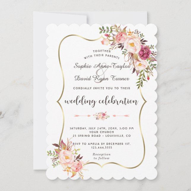 Invitation Charm Gold Blush rose Mariage floral (Devant)