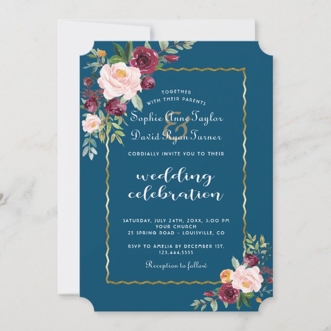 Invitation Charm Gold Bourgogne Blush Flowers Mariage (Devant)