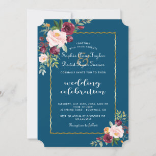 Invitation Charm Gold Bourgogne Blush Flowers Mariage