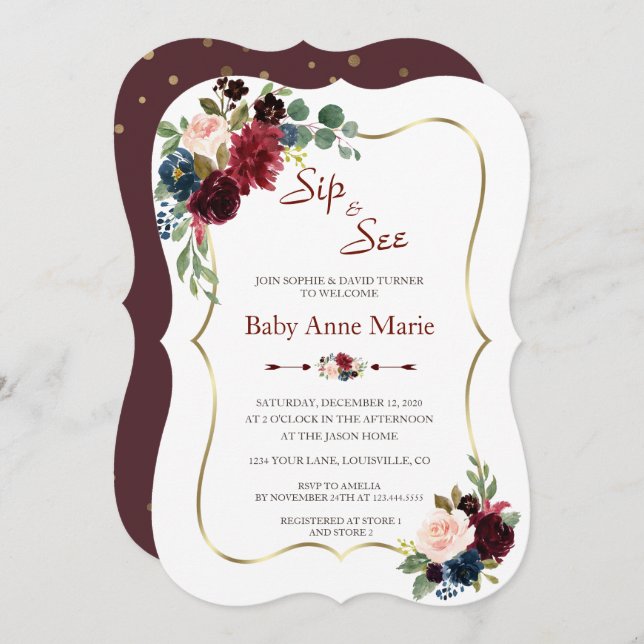 Invitation Charm Gold Bourgogne Floral Sip & Voir Baby shower (Devant / Derrière)