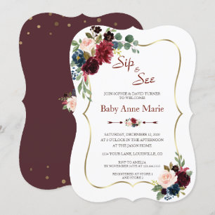 Invitation Charm Gold Bourgogne Floral Sip & Voir Baby shower