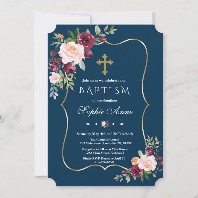 Invitation Charm Gold Burgundy Blush Floral Navy Baptême bleu (Devant)