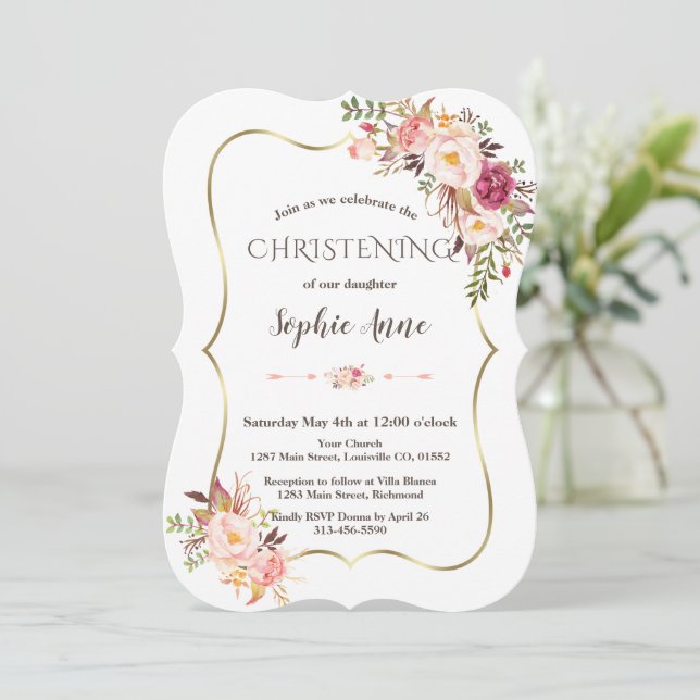 Invitation Charm Gold Frame Blush rose Floral Christening (Debout devant)