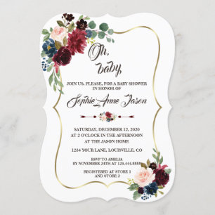 Invitation Charm Gold Merlot Marine Blue Floral Baby shower