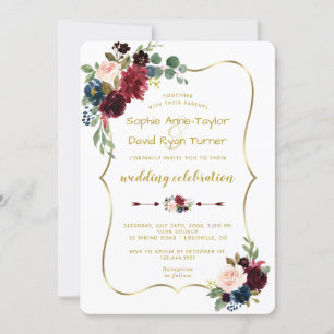 Invitation Charm Gold Merlot Marine Blue Floral Mariage