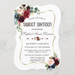 Invitation Charm Gold Merlot Marine Blue Floral Sweet 16