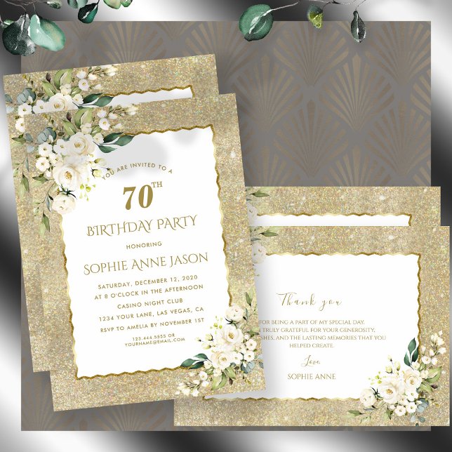 Invitation Charm Gold Parties scintillant Fleurs blanches 70e (Créateur téléchargé)
