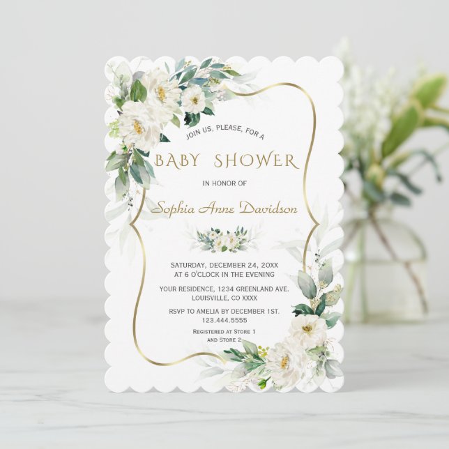 Invitation Charm Ivory White Flowers Gold Baby shower (Debout devant)