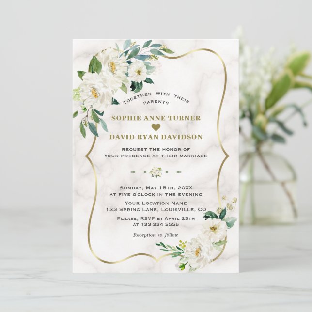 Invitation Charm Ivory White Flowers Rose Gold Marble Mariage (Debout devant)