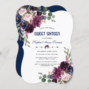Invitation Charm Lavender Marine Bleu Floral Fleuron Sweet 16