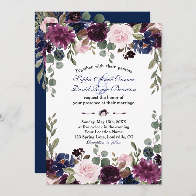 Invitation Charm Lavender Marine bleu Floral Floral Mariage (Devant / Derrière)