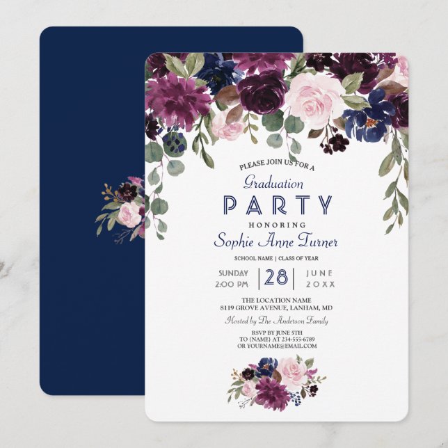 Invitation Charm Lavender Marine Blue Floral Bloom Graduation (Devant / Derrière)