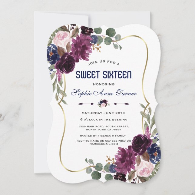 Invitation Charm Lavender Marine or Floral Bloom Sweet 16 (Devant)