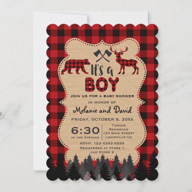 Invitation Charm Lumberjack Red Buffalo Boy Baby shower (Devant)