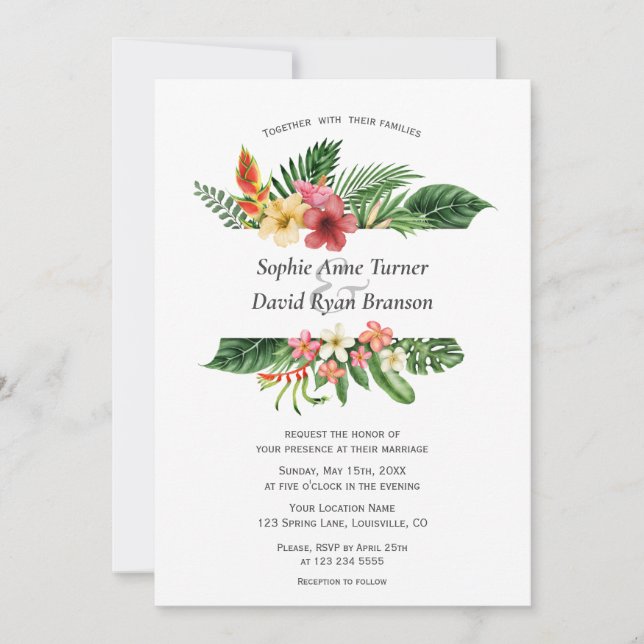 Invitation Charm Lush Tropical Flowers Feuille Frame Mariage (Devant)
