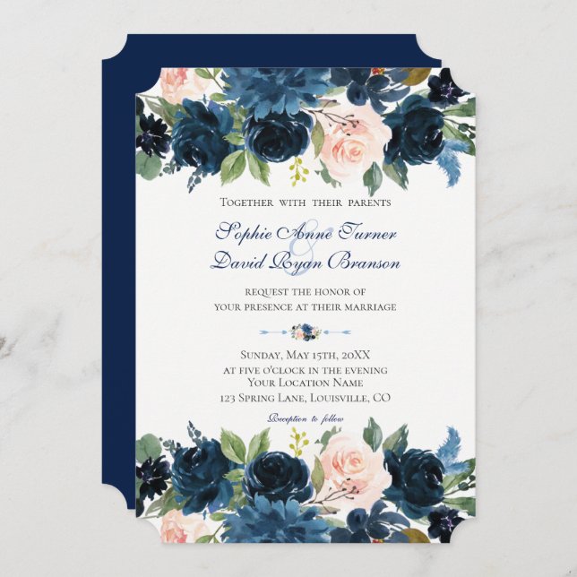Invitation Charm Marine bleu Blush Floral Bloom Mariage (Devant / Derrière)
