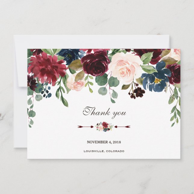 Invitation Charm Merlot Bleu Marine Floral Mariage Merci (Devant)