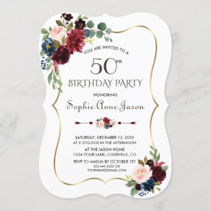 Invitation Charm Merlot Marine Blue Floral 50e anniversaire