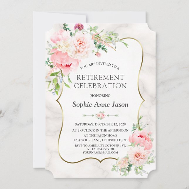 Invitation Charm Pink Blush Peonies Gold Retraite Party (Devant)