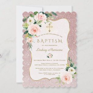 Invitation Charm Pink White Flowers Rose Gold Glitter Baptism
