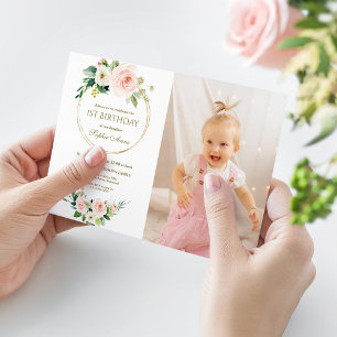 Invitation Charm Rose Blanc Floral Girl Photo 1er anniversair