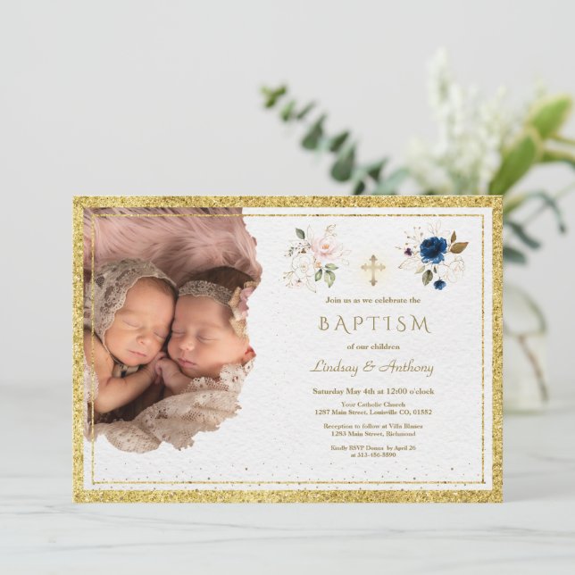 Invitation Charm Rose Bleu Or Floral Twins Photo Baptême (Debout devant)