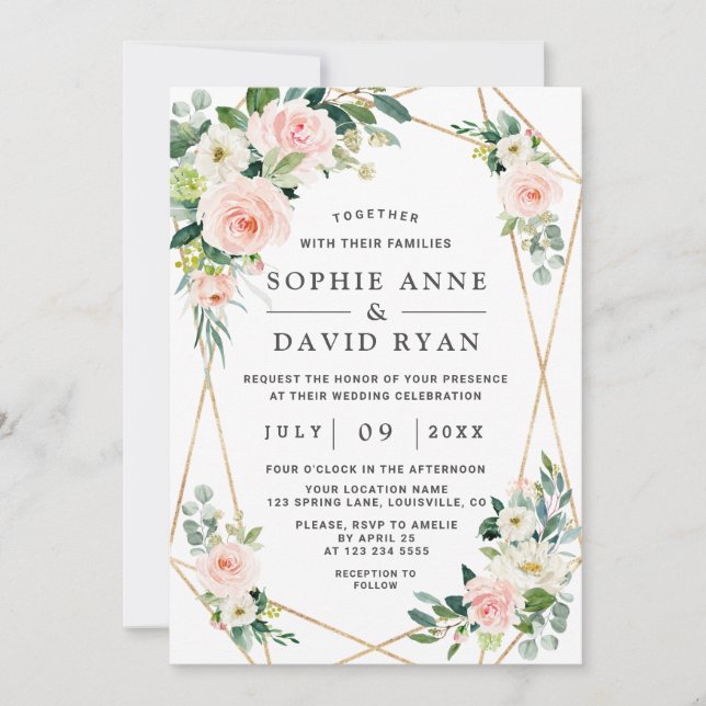 Invitation Charm Rose Blush Fleurs Blanches Mariage Or (Devant)