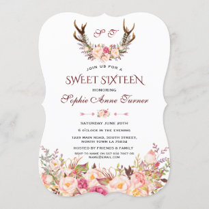 Invitation Charm Rose Blush Floral Antlers Monogram Sweet 16