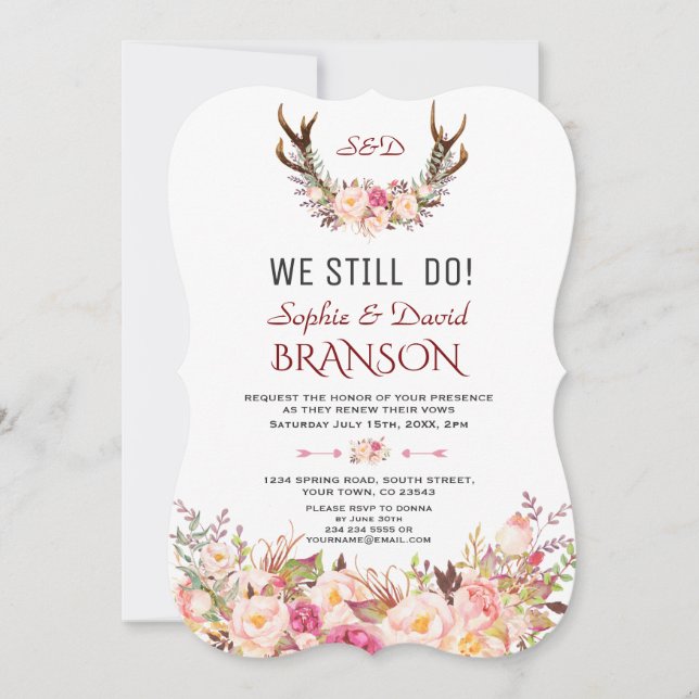 Invitation Charm Rose Blush Floral Antlers NOUS FAISONS ENCOR (Devant)