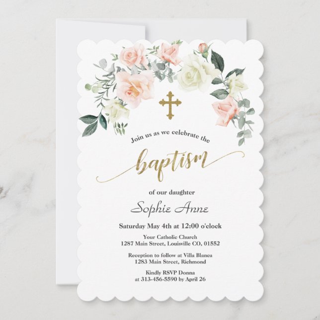 Invitation Charm rose Fleurs blanches Croix d'or Baptême (Devant)