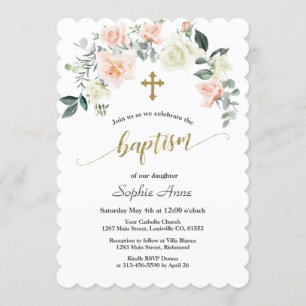 Invitation Charm rose Fleurs blanches Croix d'or Baptême