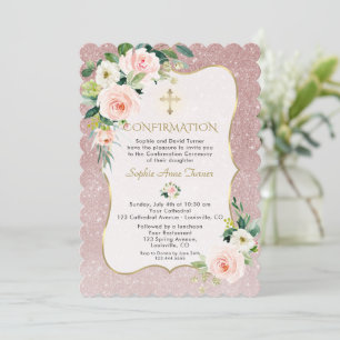 Invitation Charm rose Fleurs blanches Gold Girl Confirmation