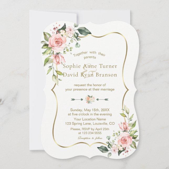 Invitation Charm rose Fleurs blanches Mariage de cadre or (Devant)