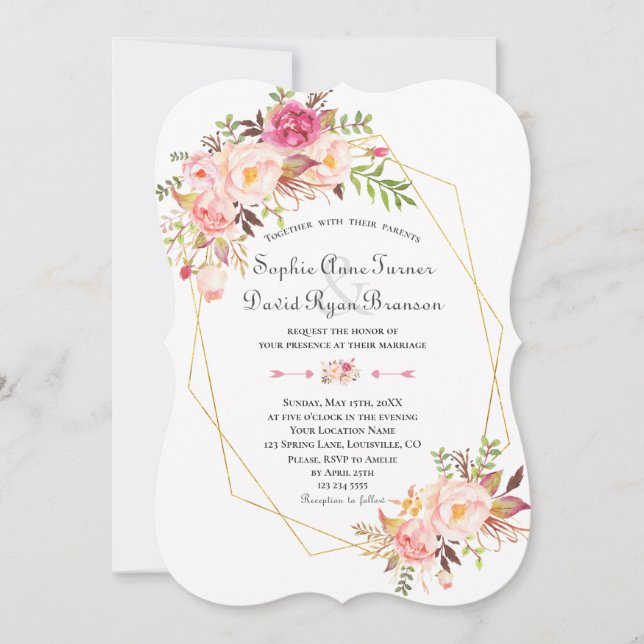 Invitation Charm rose Fleurs blanches Mariage de cadre or (Devant)