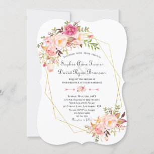 Invitation Charm rose Fleurs blanches Mariage de cadre or