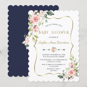 Invitation Charm rose Fleurs blanches Or Baby shower cadre Or