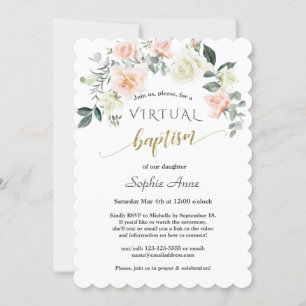 Invitation Charm rose Fleurs blanches Or Baptême virtuel
