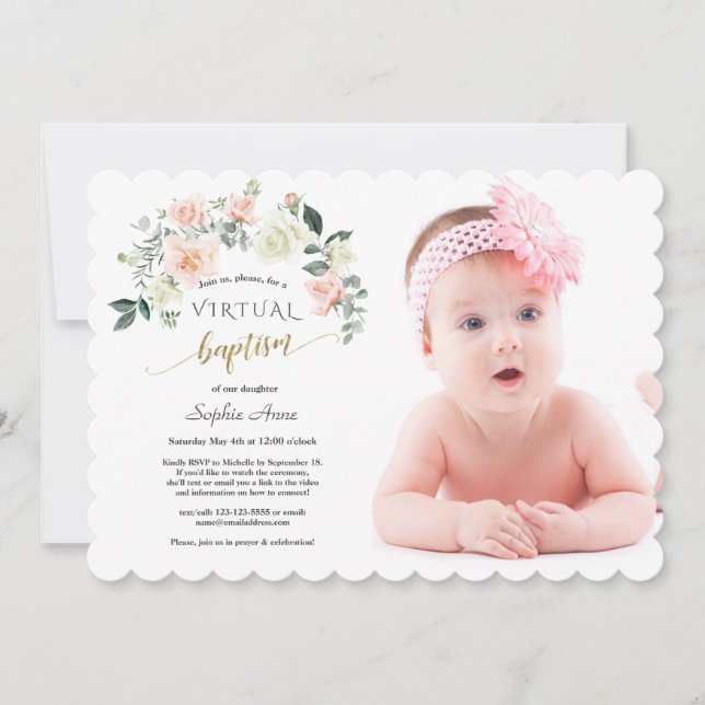 Invitation Charm rose Fleurs blanches Photo Girl Baptême en l (Devant)