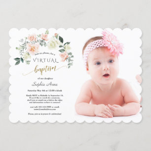 Invitation Charm rose Fleurs blanches Photo Girl Baptême en l