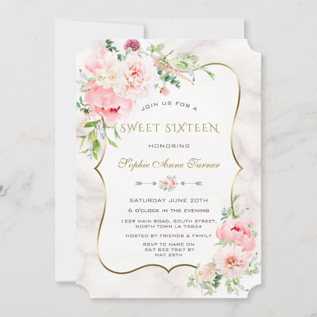 Invitation Charm Spring Watercolor Peonies Sweet sixteen (Devant)