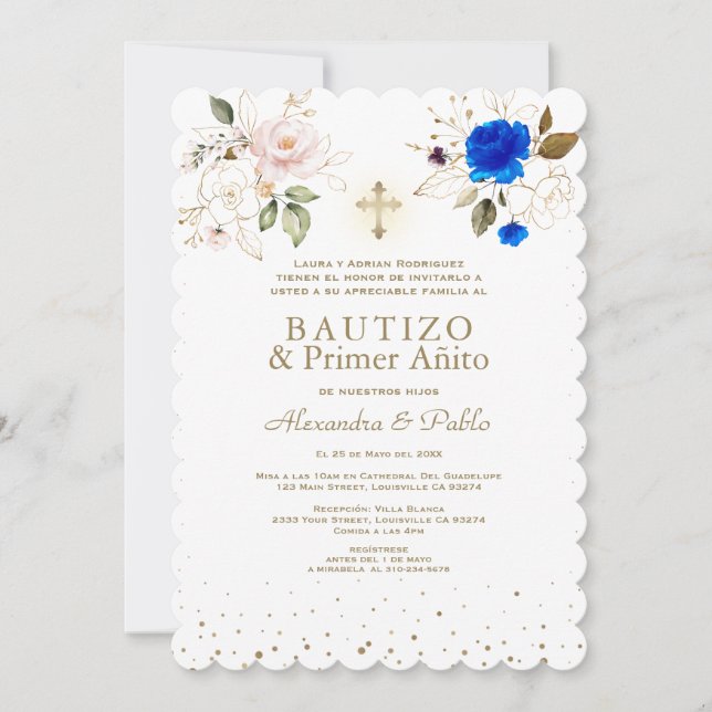 Invitation Charm Twins Rose Bleu Fleurs Primer Añito Bautizo (Devant)